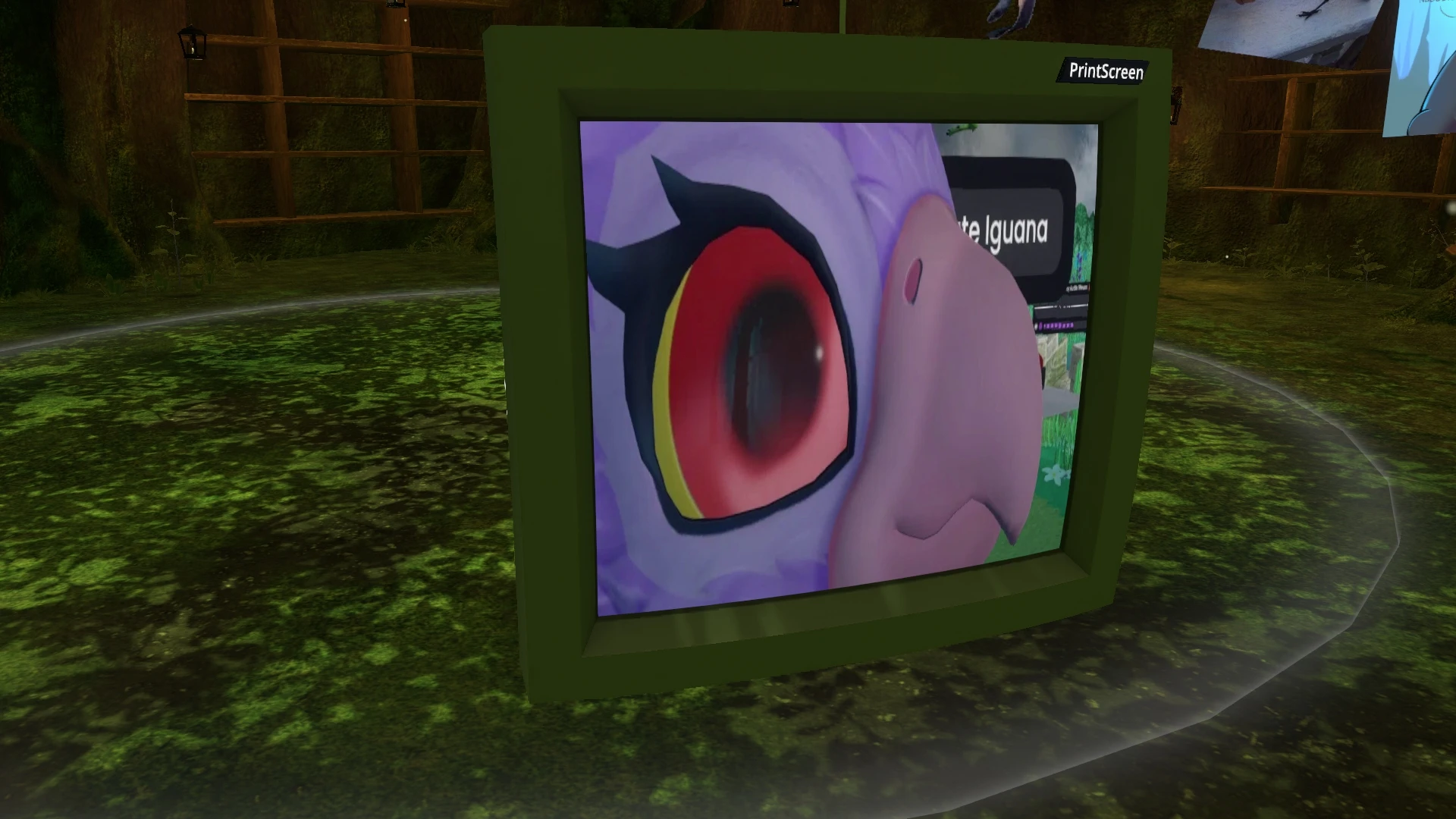 A Resonite screenshot showing a close-up image of Decoy, poorly cropped on a 4:3 TV.