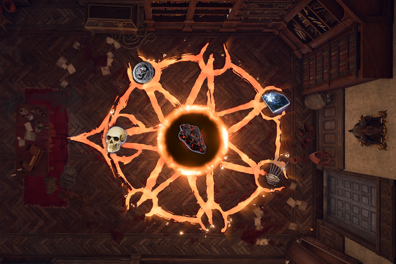 A demonic summoning circle from Baldur's Gate.
The active portal in Helsik's room, depicted from above with the necessary objects to activate it superimposed.